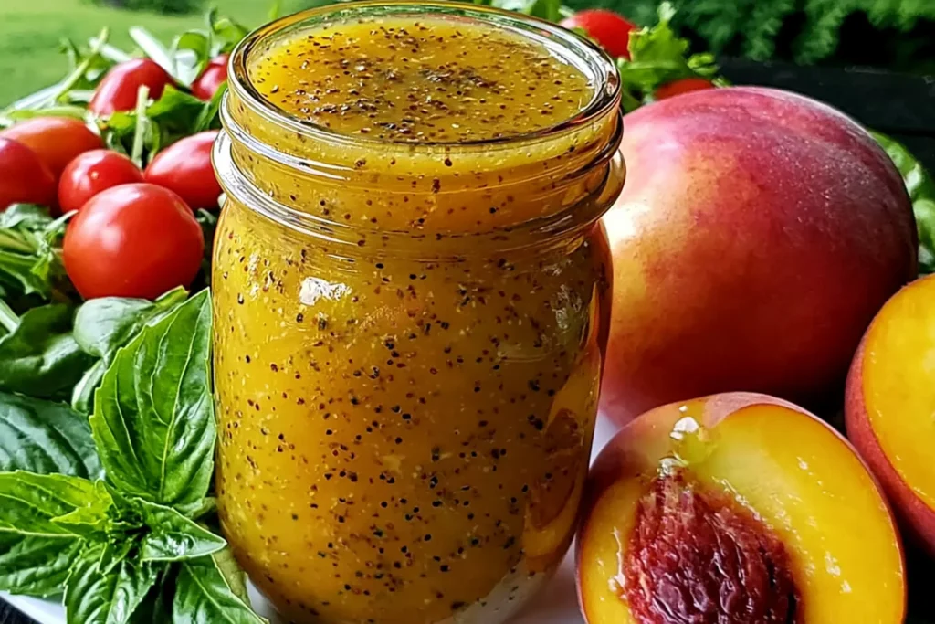 Peach Honey Dijon Balsamic Vinaigrette in a mason jar with fresh peaches, basil leaves, and cherry tomatoes, highlighting a creamy homemade dressing