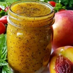 Peach Honey Dijon Balsamic Vinaigrette in a mason jar with fresh peaches, basil leaves, and cherry tomatoes, highlighting a creamy homemade dressing