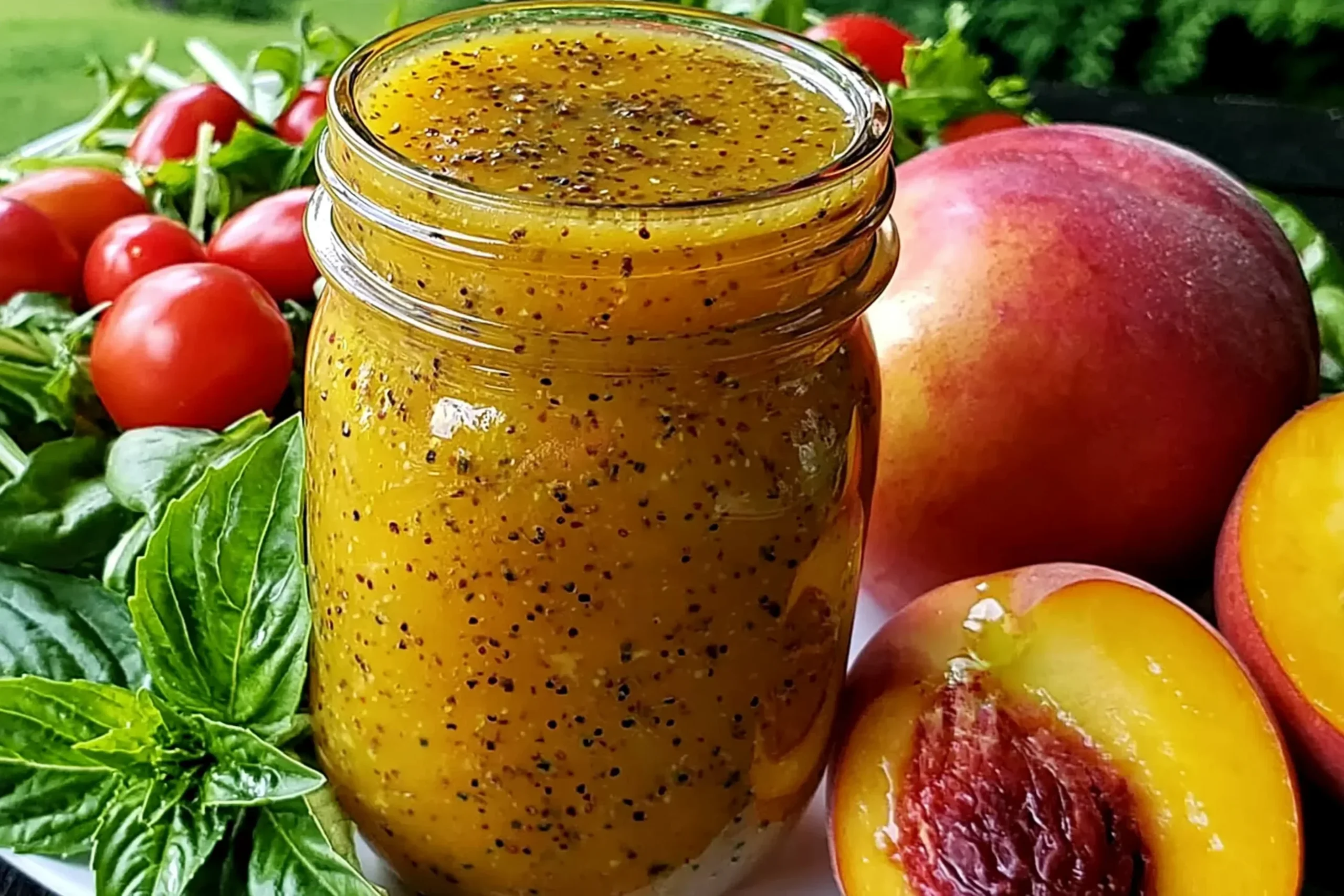Peach Honey Dijon Balsamic Vinaigrette in a mason jar with fresh peaches, basil leaves, and cherry tomatoes, highlighting a creamy homemade dressing