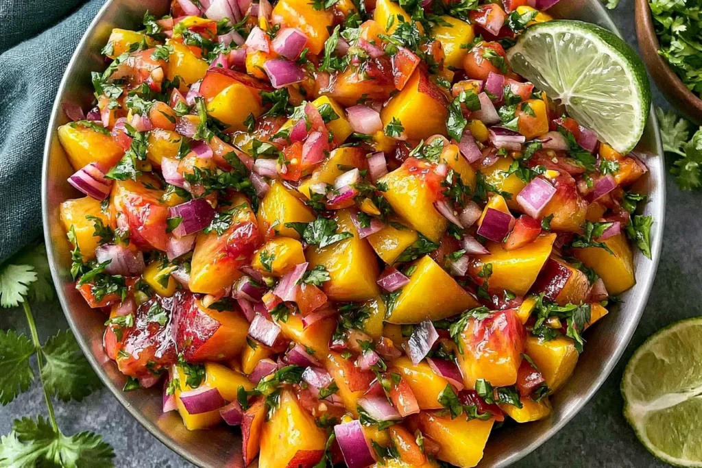 Fresh Peach Salsa with ripe peaches, cilantro, red onion, jalapeño, and fresh lime ready to serve