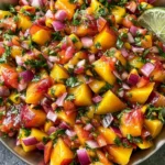 Fresh Peach Salsa with ripe peaches, cilantro, red onion, jalapeño, and fresh lime ready to serve