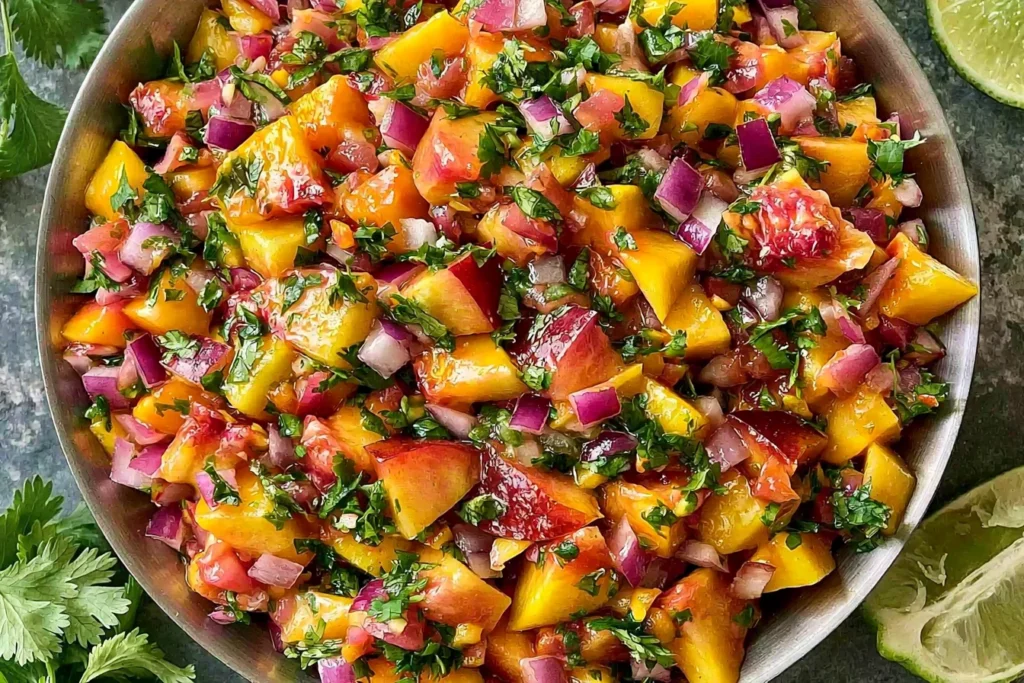 Fresh Peach Salsa made with ripe peaches, tomatoes, red onion, cilantro, and lime in a serving bowl