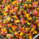 Fresh Peach Salsa made with ripe peaches, tomatoes, red onion, cilantro, and lime in a serving bowl