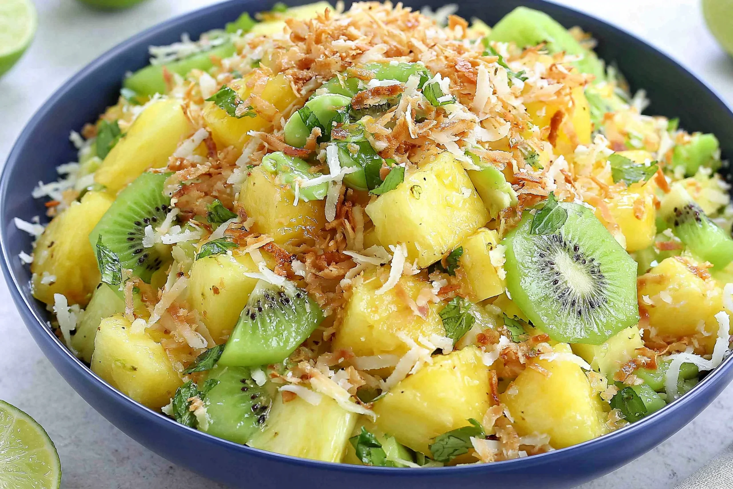 Pineapple Kiwi Salad with toasted coconut, fresh mint, and honey lime dressing in a bowl