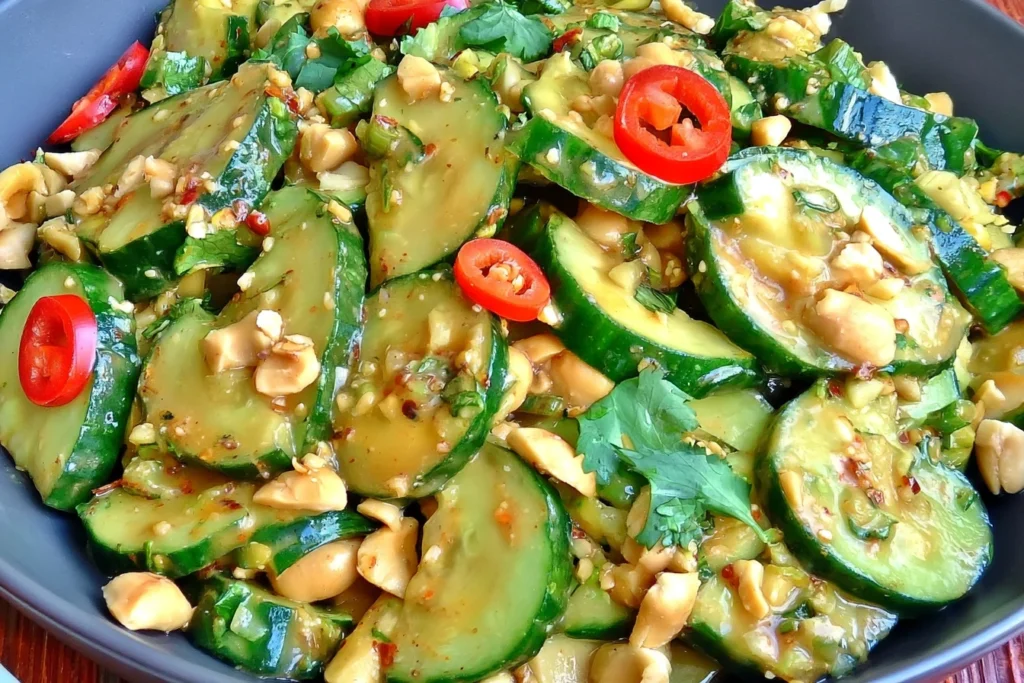 Spicy Peanut Cucumber Salad with sliced cucumbers, crushed peanuts, fresh cilantro, and spicy creamy peanut dressing