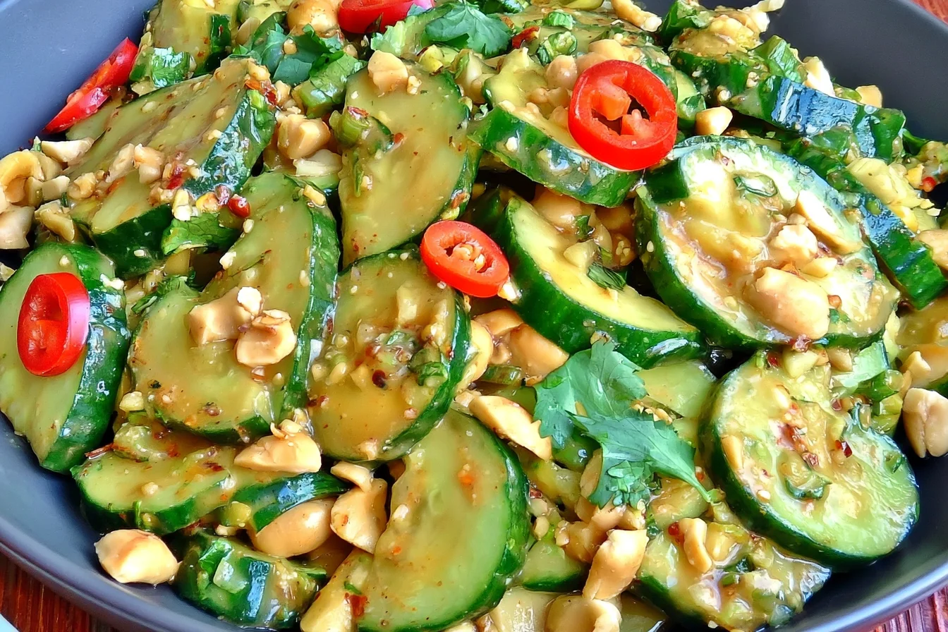 Spicy Peanut Cucumber Salad with sliced cucumbers, crushed peanuts, fresh cilantro, and spicy creamy peanut dressing