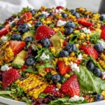 Strawberry Avocado Corn Salad with grilled corn, fresh strawberries, blueberries, avocado, and goat cheese on mixed greens