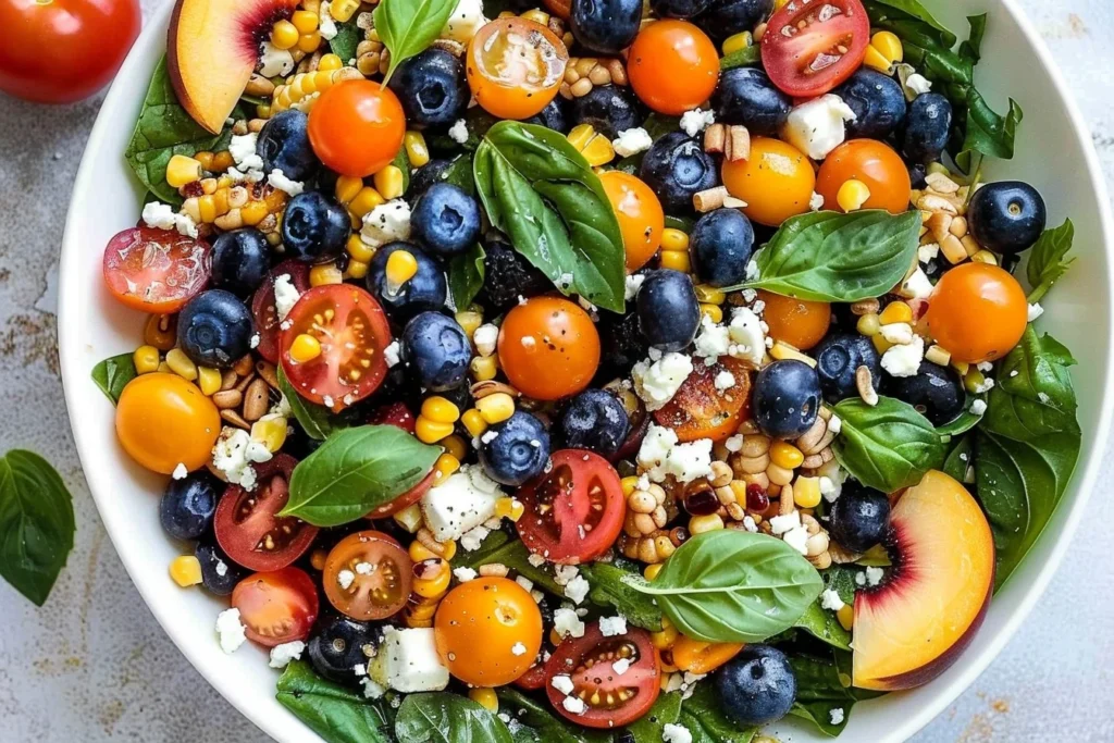 Summer Farro Salad with blueberries, peaches, cherry tomatoes, corn, feta, basil, and greens in a colorful fresh bowl
