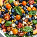 Summer Farro Salad with blueberries, peaches, cherry tomatoes, corn, feta, basil, and greens in a colorful fresh bowl