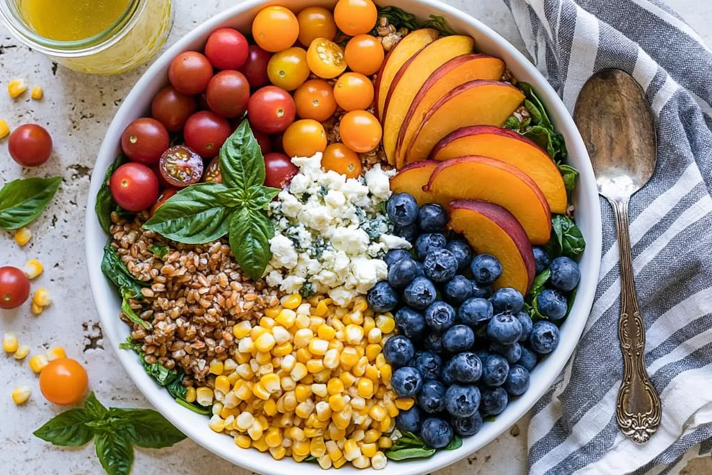 Summer Farro Salad with peaches, blueberries, corn, cherry tomatoes, feta, and basil in a colorful healthy bowl