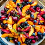Summer Fruit Salad with fresh peaches, cherries, blueberries, and blackberries tossed in a light maple lemon dressing