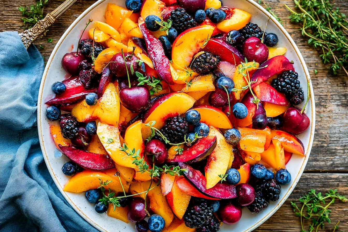Summer Fruit Salad with fresh peaches, cherries, blueberries, and blackberries tossed in a light maple lemon dressing