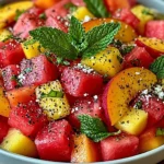 Summer Peach Watermelon Salad with fresh mint, juicy peaches, and watermelon cubes topped with black pepper and sea salt