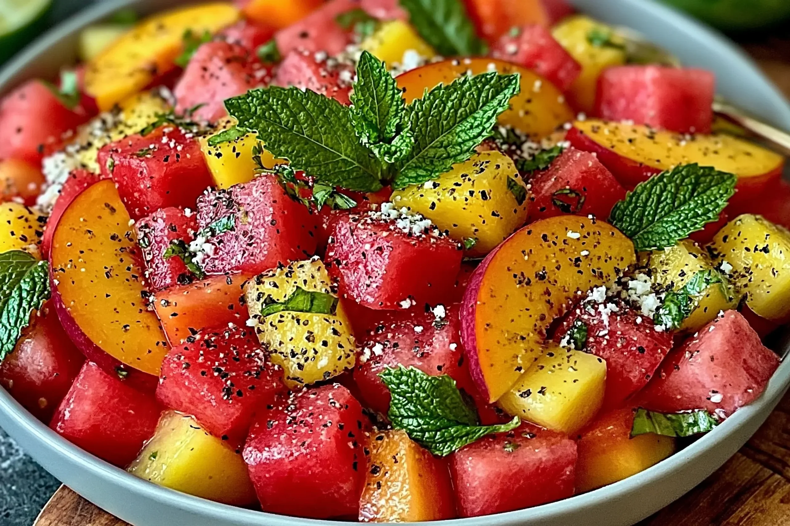 Summer Peach Watermelon Salad with fresh mint, juicy peaches, and watermelon cubes topped with black pepper and sea salt