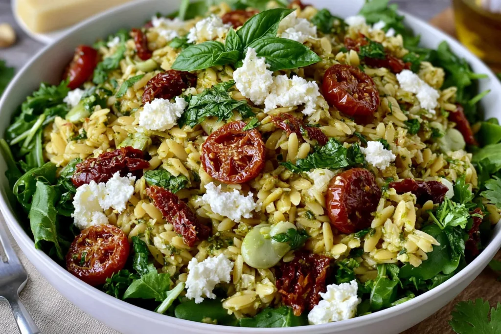 Sundried Tomato Orzo Pesto Salad with feta, chickpeas, and arugula in a fresh Mediterranean bowl