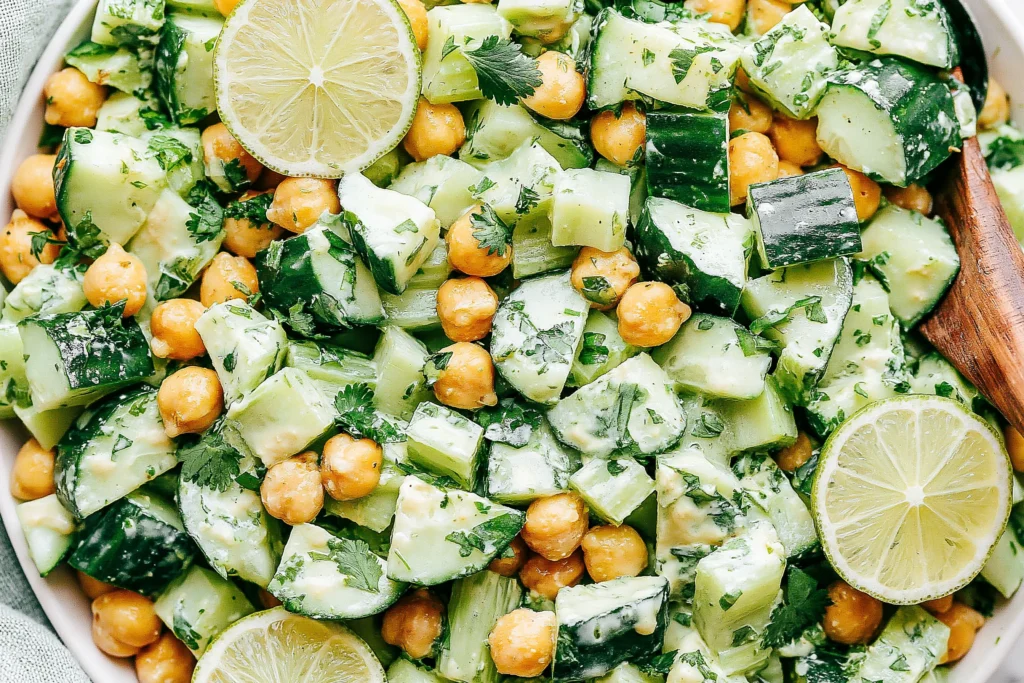 Sunshine Salad with chickpeas cucumber and lime dressing fresh vegan sunshine salad close up