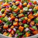 Sweet Potato Black Bean and Chickpea Salad with roasted sweet potatoes, avocado, bell peppers, and fresh cilantro in a vibrant bowl