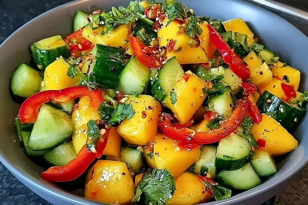 Thai Mango Cucumber Salad with fresh mango, cucumber, red pepper, and cilantro in a vibrant lime dressing