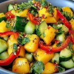 Thai Mango Cucumber Salad with fresh mango, cucumber, red pepper, and cilantro in a vibrant lime dressing