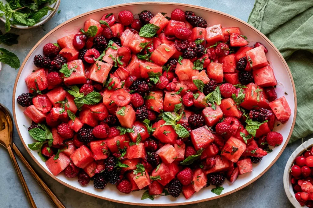 Watermelon Fruit Salad with berries and lime mint dressing, featuring fresh watermelon, strawberries, raspberries, and cherries