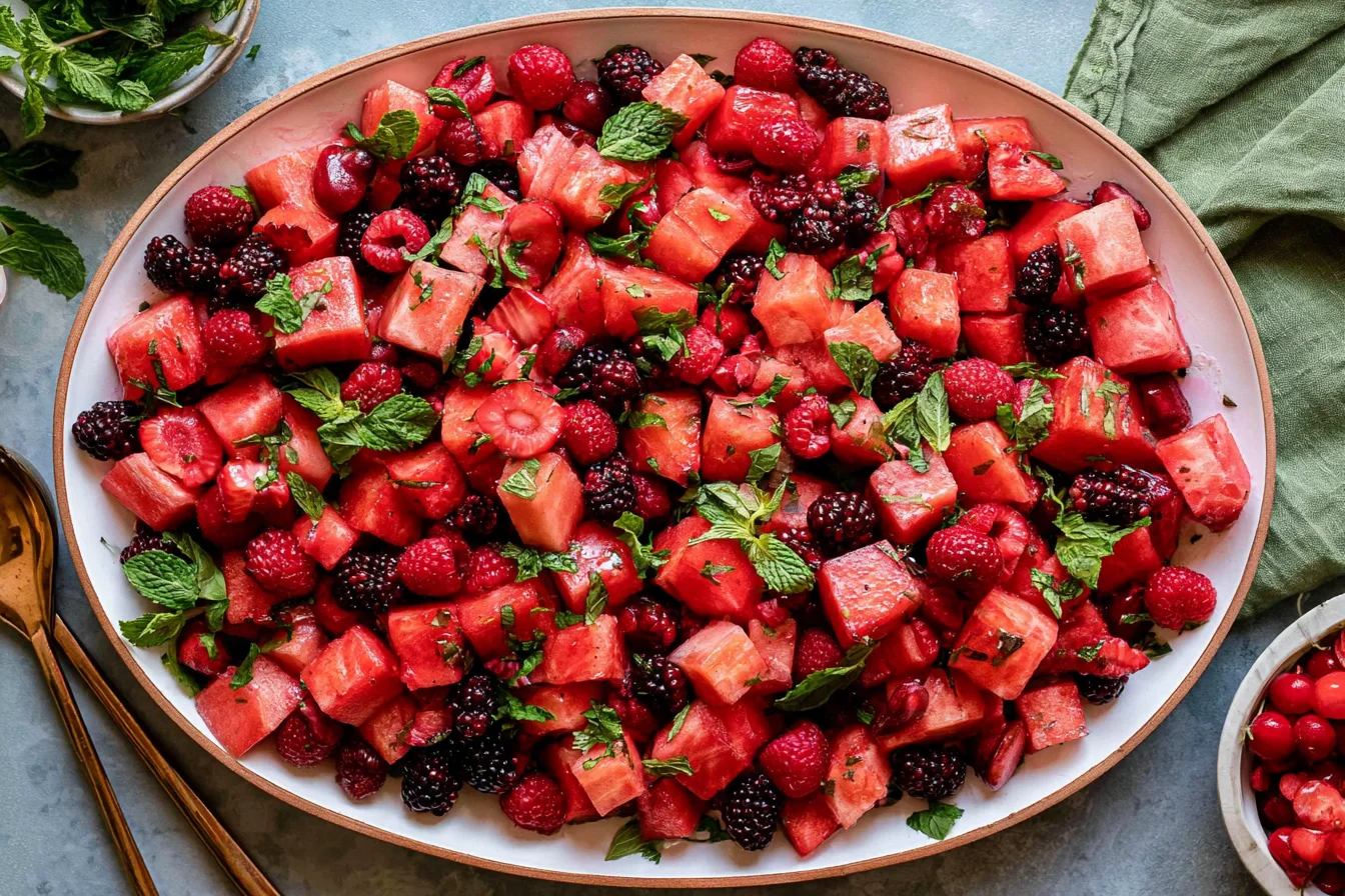 Watermelon Fruit Salad with berries and lime mint dressing, featuring fresh watermelon, strawberries, raspberries, and cherries
