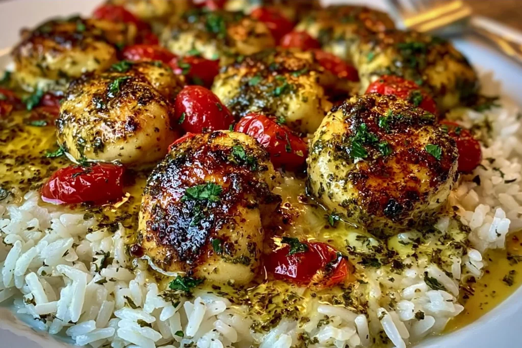 Chicken Scampi with Creamy Garlic Parmesan Rice served with juicy seared chicken, cherry tomatoes, and buttery garlic herb sauce over fluffy rice
