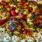 Chicken Scampi with Creamy Garlic Parmesan Rice served with juicy seared chicken, cherry tomatoes, and buttery garlic herb sauce over fluffy rice