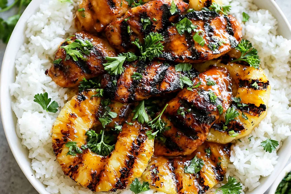 Close-up of Hawaiian Chicken with Coconut Rice featuring grilled pineapple rings, glazed chicken, and fresh parsley over fluffy rice