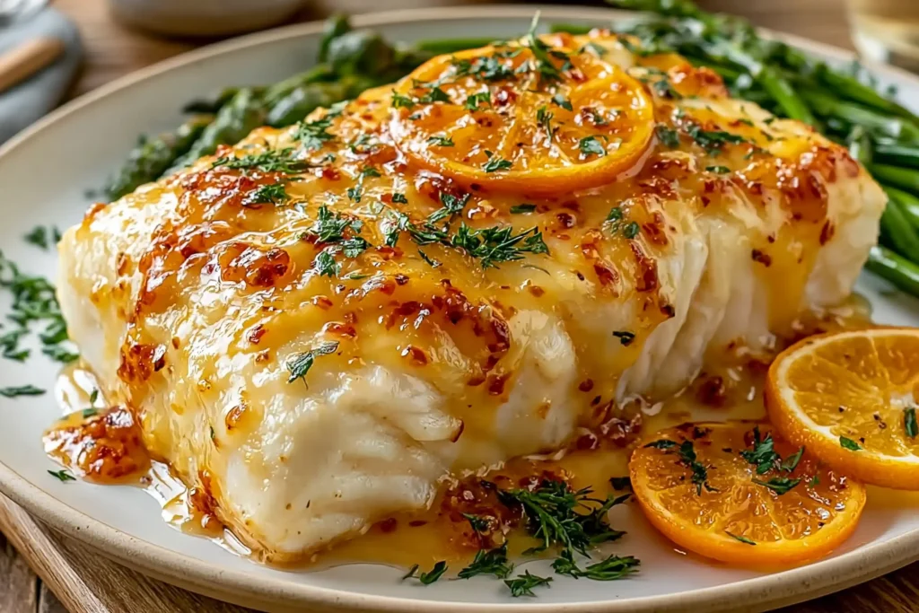 Orange Dijon Grilled Halibut topped with citrus glaze and herbs, served with asparagus and orange slices
