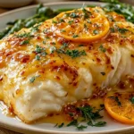 Orange Dijon Grilled Halibut topped with citrus glaze and herbs, served with asparagus and orange slices
