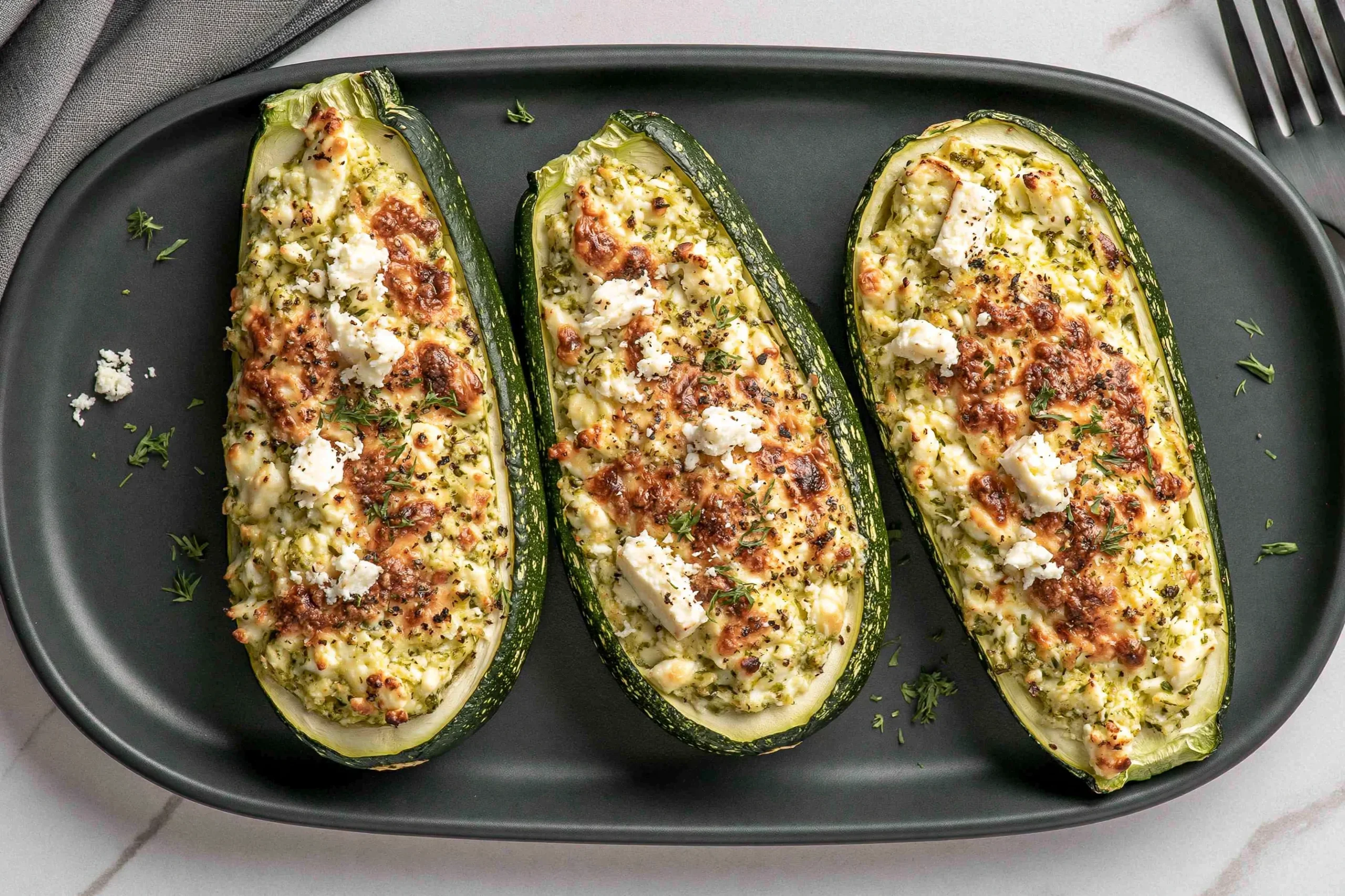 Feta Cheese Stuffed Zucchini baked to golden perfection with creamy feta, herbs, and melted cheese filling