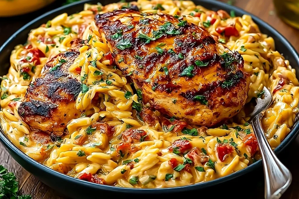 One Pot Cajun Chicken Alfredo Orzo with golden seared chicken and creamy Cajun sauce in a skillet