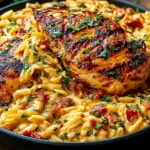 One Pot Cajun Chicken Alfredo Orzo with golden seared chicken and creamy Cajun sauce in a skillet
