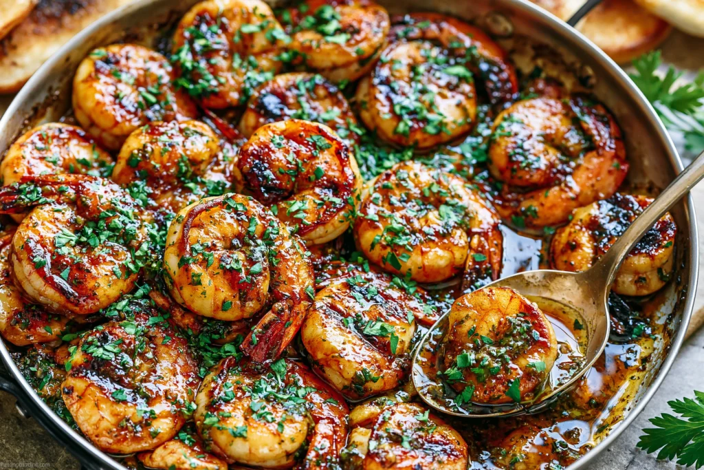 Pan Seared Chimichurri Shrimp in a skillet with caramelized garlic, fresh herbs, and glossy chimichurri sauce