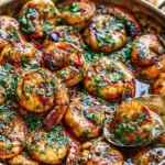 Pan Seared Chimichurri Shrimp in a skillet with caramelized garlic, fresh herbs, and glossy chimichurri sauce