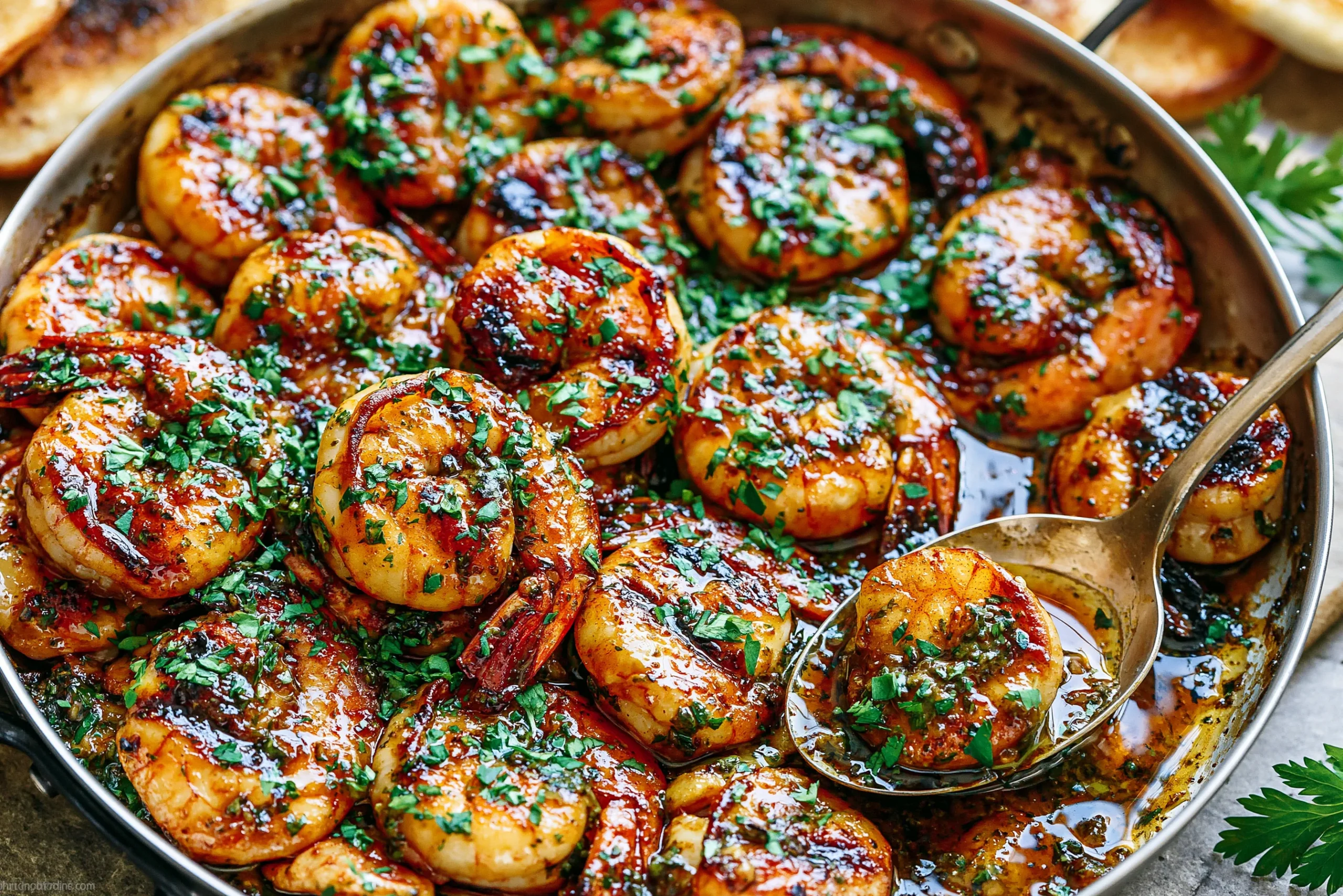 Pan Seared Chimichurri Shrimp in a skillet with caramelized garlic, fresh herbs, and glossy chimichurri sauce