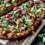 Pesto Chicken Flatbread with Mozzarella topped with cherry tomatoes, fresh basil, and melted cheese on crispy flatbread