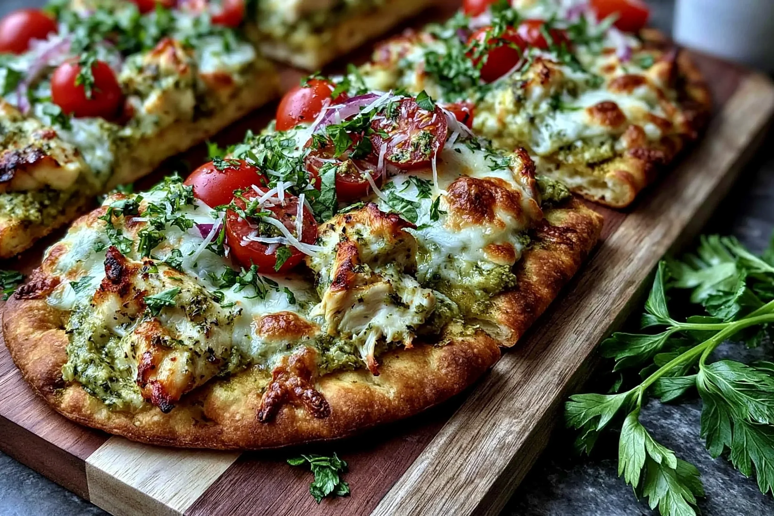 Pesto Chicken Flatbread with Mozzarella topped with cherry tomatoes, fresh basil, and melted cheese on crispy flatbread