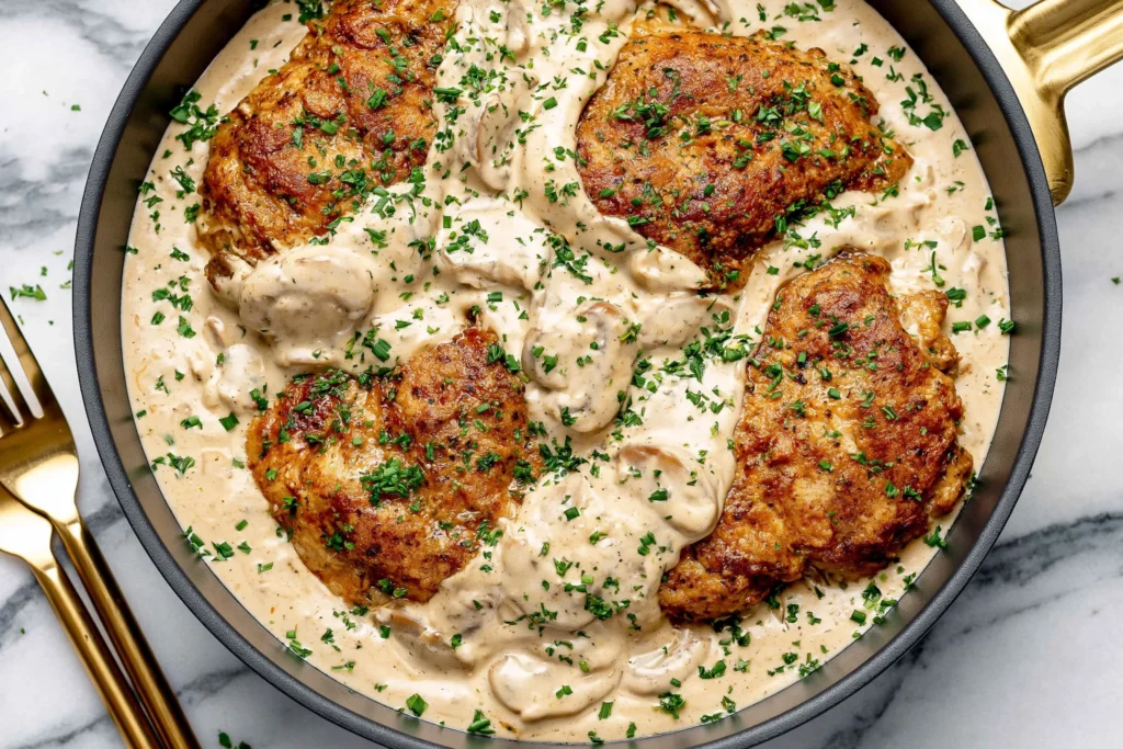 Sour Cream and Onion Chicken with crispy golden chicken thighs in a creamy mushroom onion sauce topped with fresh parsley