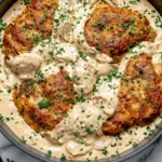 Sour Cream and Onion Chicken with crispy golden chicken thighs in a creamy mushroom onion sauce topped with fresh parsley