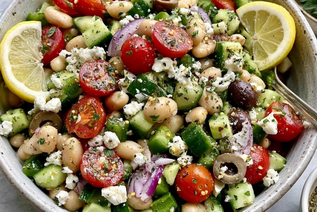 Greek Bean Salad with feta cheese, butter beans, cucumbers, tomatoes, olives, and fresh lemon dressing