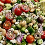 Greek Bean Salad with feta cheese, butter beans, cucumbers, tomatoes, olives, and fresh lemon dressing