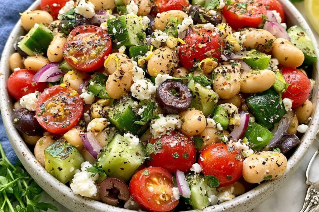 Greek Bean Salad made with butter beans, cucumber, cherry tomatoes, feta, olives, and a zesty lemon oregano dressing