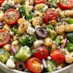 Greek Bean Salad made with butter beans, cucumber, cherry tomatoes, feta, olives, and a zesty lemon oregano dressing