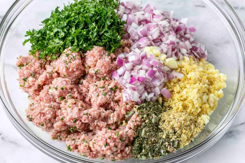 Greek Feta Turkey Burgers mixture with ground turkey, feta, herbs, red onion, and garlic in a bowl