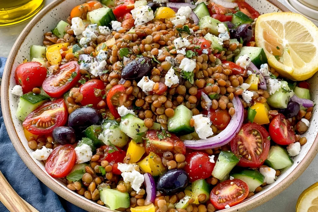 Greek Lentil Salad served with feta cheese, cucumber, cherry tomatoes, red onion, olives, and a zesty homemade vinaigrette.