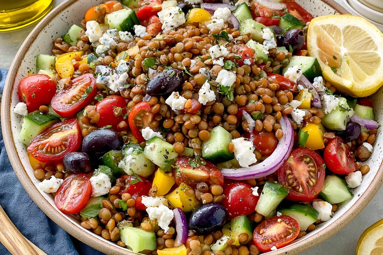 Greek Lentil Salad served with feta cheese, cucumber, cherry tomatoes, red onion, olives, and a zesty homemade vinaigrette.