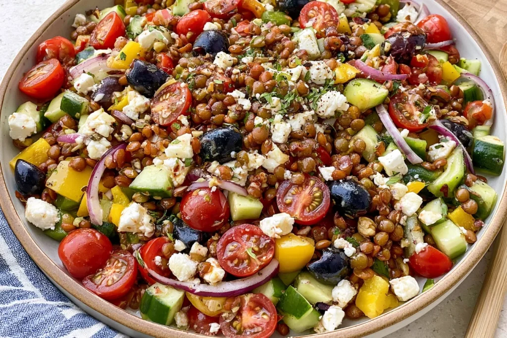 Greek Lentil Salad with lentils, cherry tomatoes, cucumber, feta cheese, Kalamata olives, and bell peppers tossed in a Mediterranean dressing.