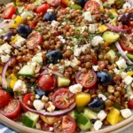 Greek Lentil Salad with lentils, cherry tomatoes, cucumber, feta cheese, Kalamata olives, and bell peppers tossed in a Mediterranean dressing.