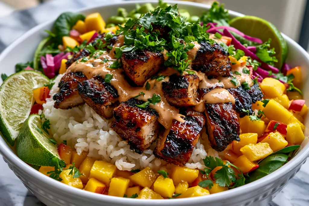 Chicken Mango Rice Bowl with grilled chicken chunks, fresh mango salsa, rice, avocado, and creamy spicy sauce